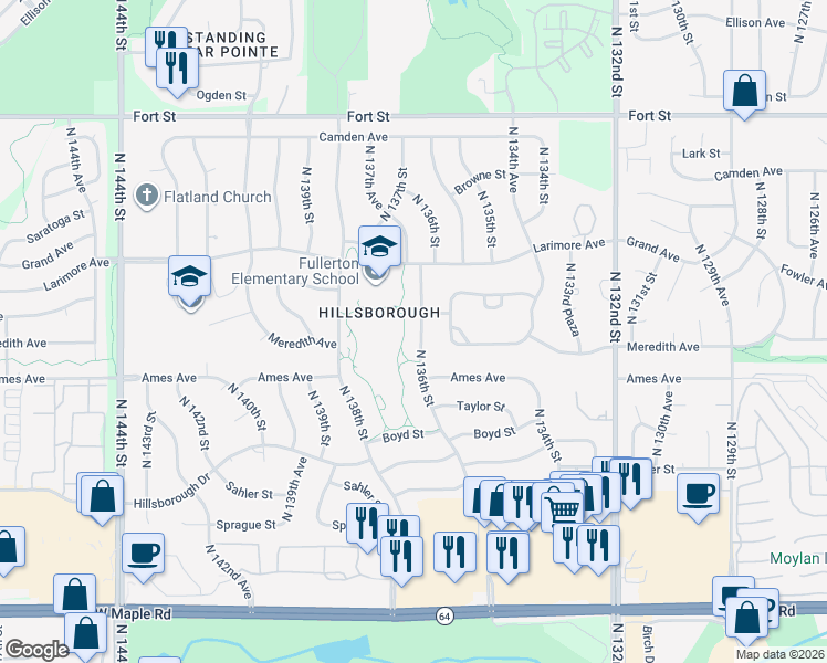 map of restaurants, bars, coffee shops, grocery stores, and more near 4702 North 136th Street in Omaha