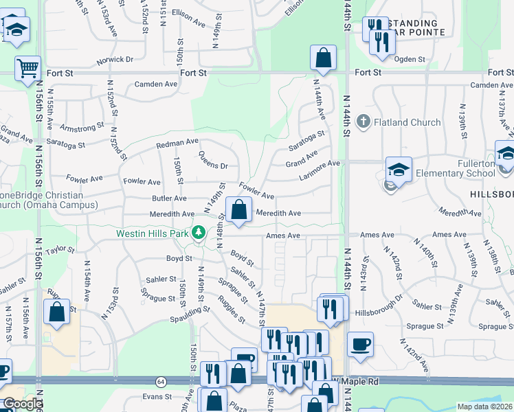 map of restaurants, bars, coffee shops, grocery stores, and more near 14670 Fowler Avenue in Omaha