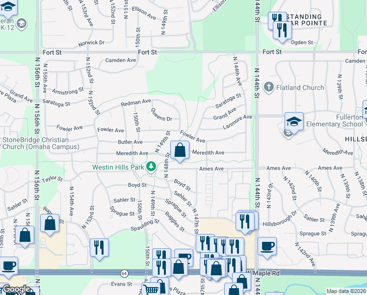 map of restaurants, bars, coffee shops, grocery stores, and more near 4626 North 148th Street in Omaha