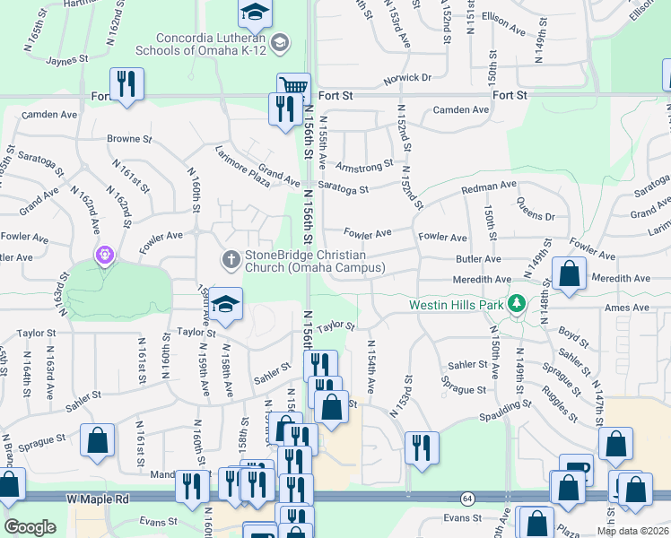 map of restaurants, bars, coffee shops, grocery stores, and more near 4644 North 155th Avenue in Omaha