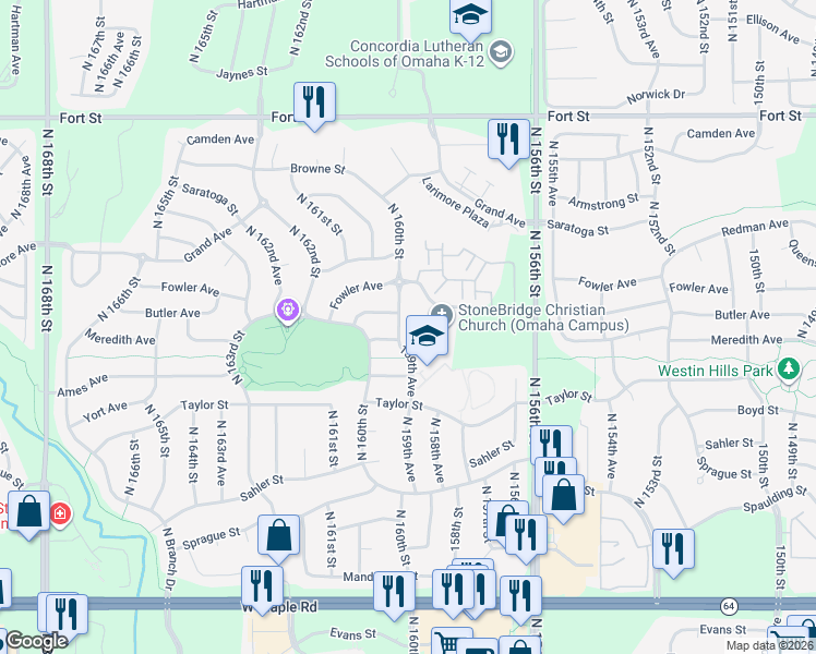 map of restaurants, bars, coffee shops, grocery stores, and more near 16002 Butler Avenue in Omaha