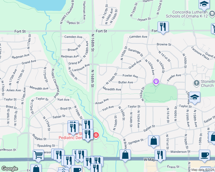 map of restaurants, bars, coffee shops, grocery stores, and more near 4626 North 166th Plaza in Omaha