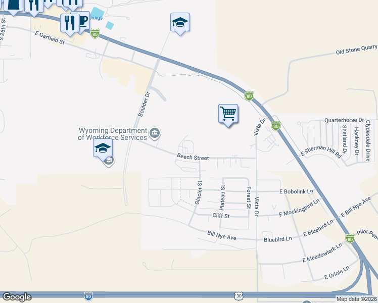 map of restaurants, bars, coffee shops, grocery stores, and more near 1621 Crystal Court in Laramie