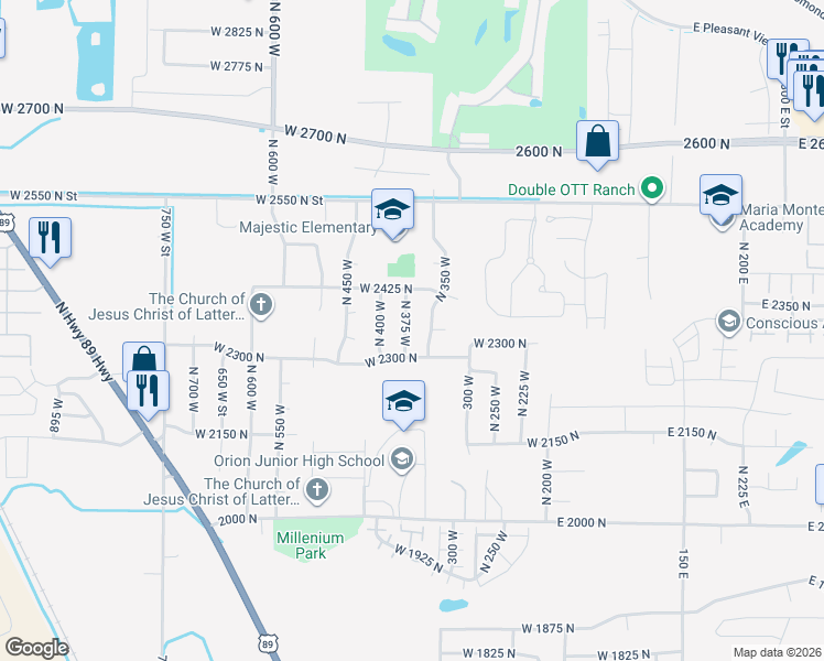 map of restaurants, bars, coffee shops, grocery stores, and more near 2352 North 375 West in Harrisville