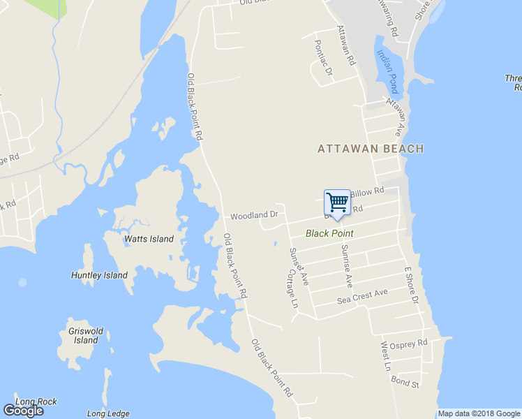 map of restaurants, bars, coffee shops, grocery stores, and more near 26 Woodland Drive in East Lyme