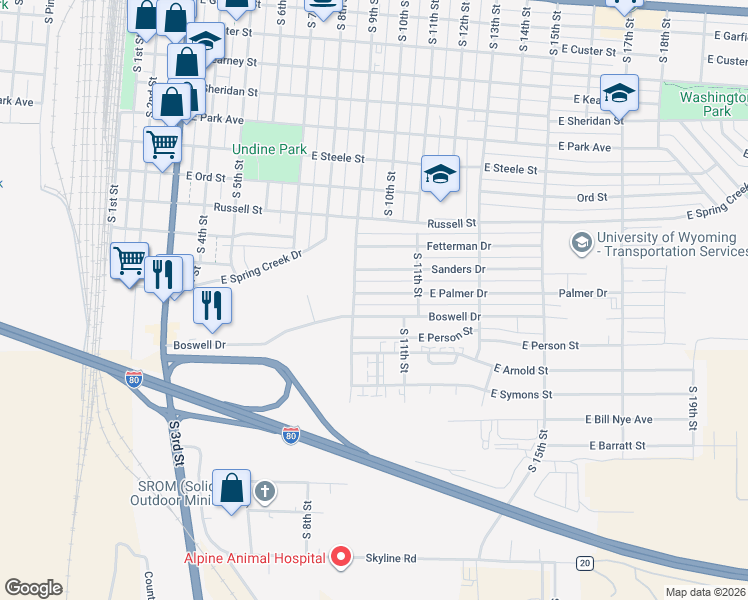 map of restaurants, bars, coffee shops, grocery stores, and more near 1307-1399 South 9th Street in Laramie