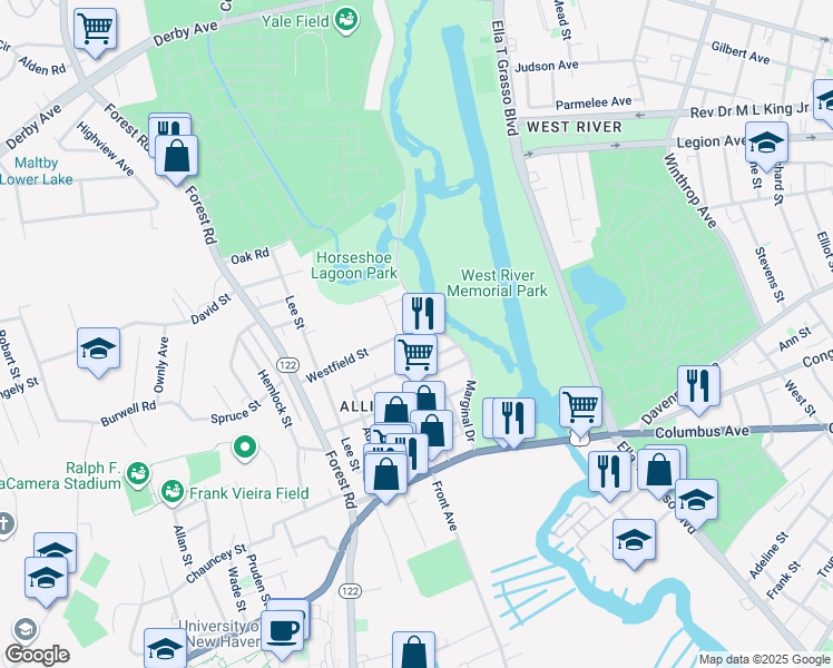 map of restaurants, bars, coffee shops, grocery stores, and more near 165 Gilbert Street in West Haven