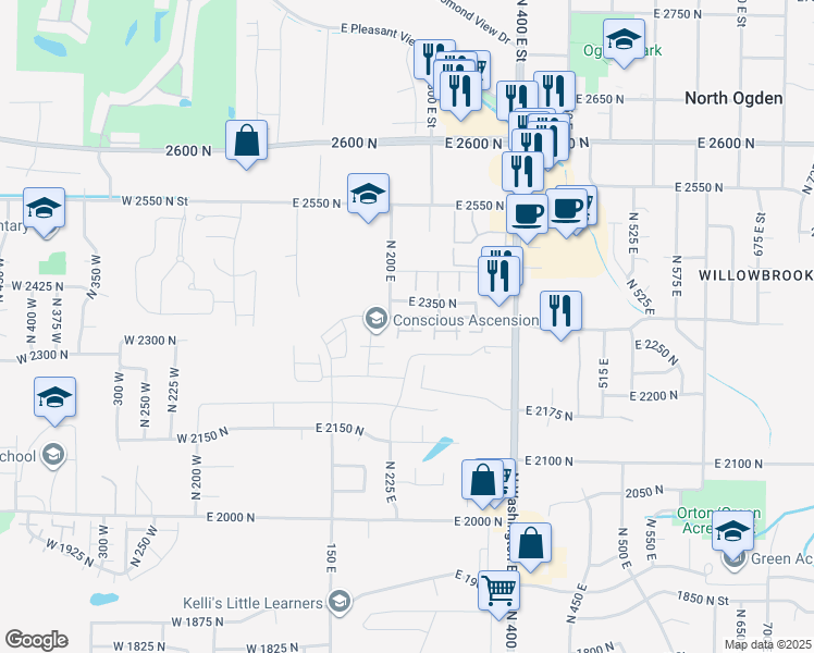 map of restaurants, bars, coffee shops, grocery stores, and more near 205 East 2300 North in Ogden