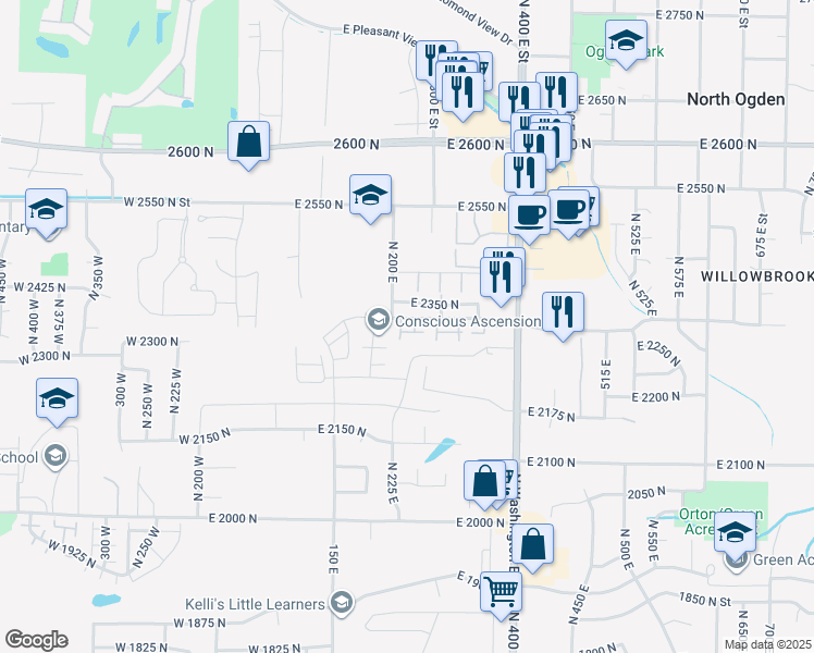 map of restaurants, bars, coffee shops, grocery stores, and more near 205 East 2300 North in Ogden