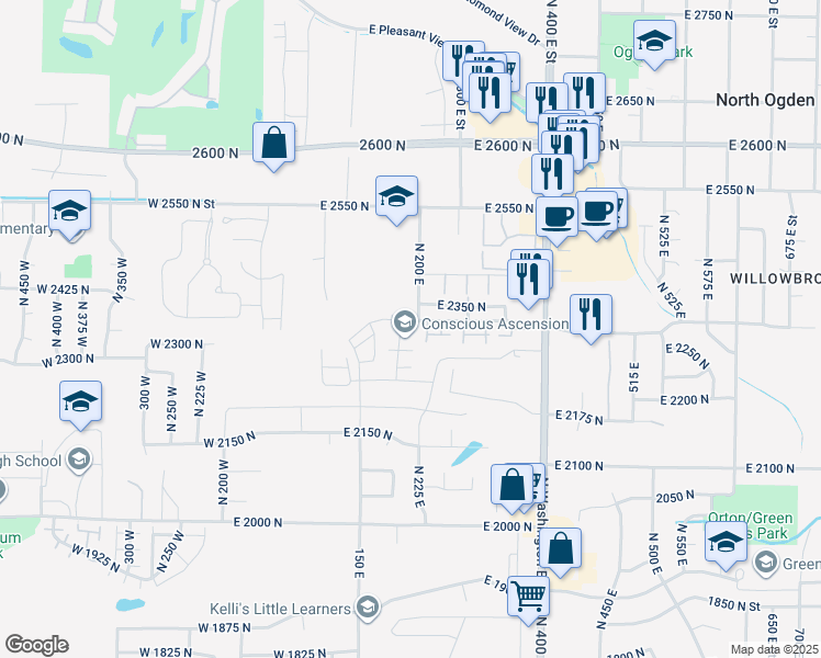 map of restaurants, bars, coffee shops, grocery stores, and more near 205 East 2350 North in North Ogden