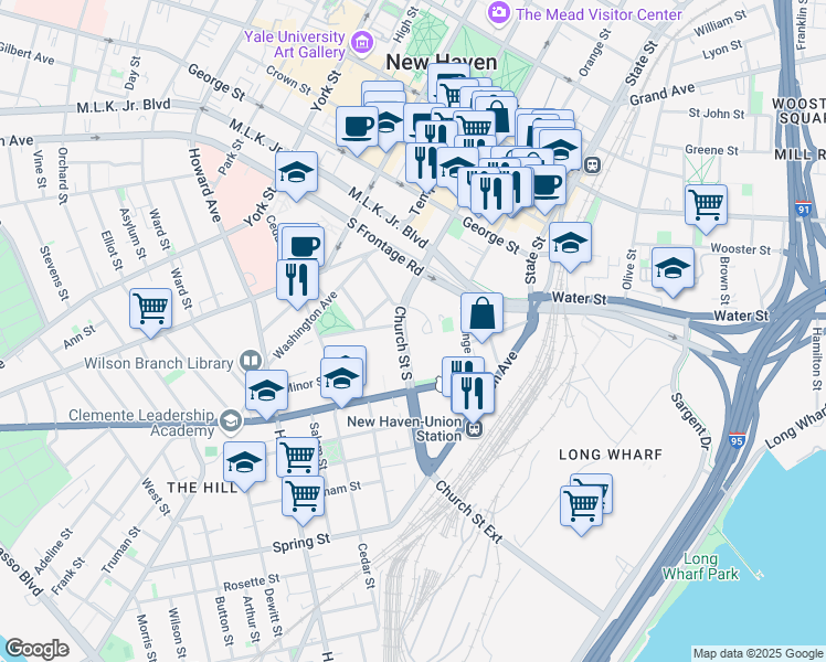 map of restaurants, bars, coffee shops, grocery stores, and more near 9 Tower Lane in New Haven