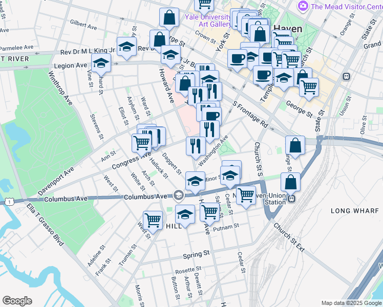map of restaurants, bars, coffee shops, grocery stores, and more near 1-43 Gilbert St in New Haven
