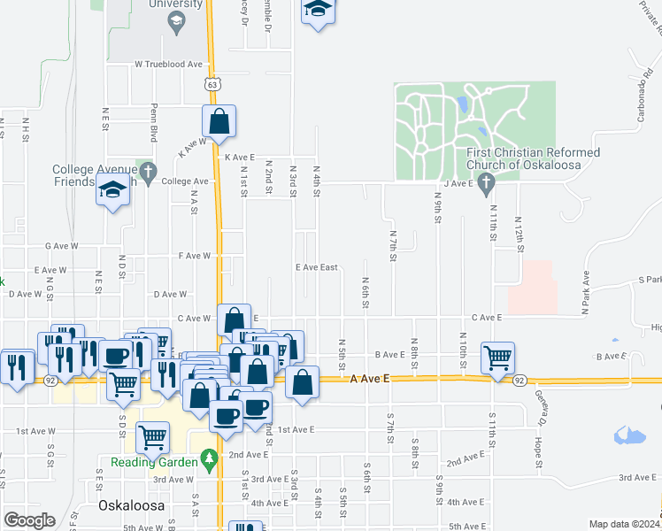 map of restaurants, bars, coffee shops, grocery stores, and more near 510 North 4th Street in Oskaloosa