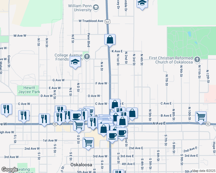 map of restaurants, bars, coffee shops, grocery stores, and more near 200-298 F Avenue West in Oskaloosa