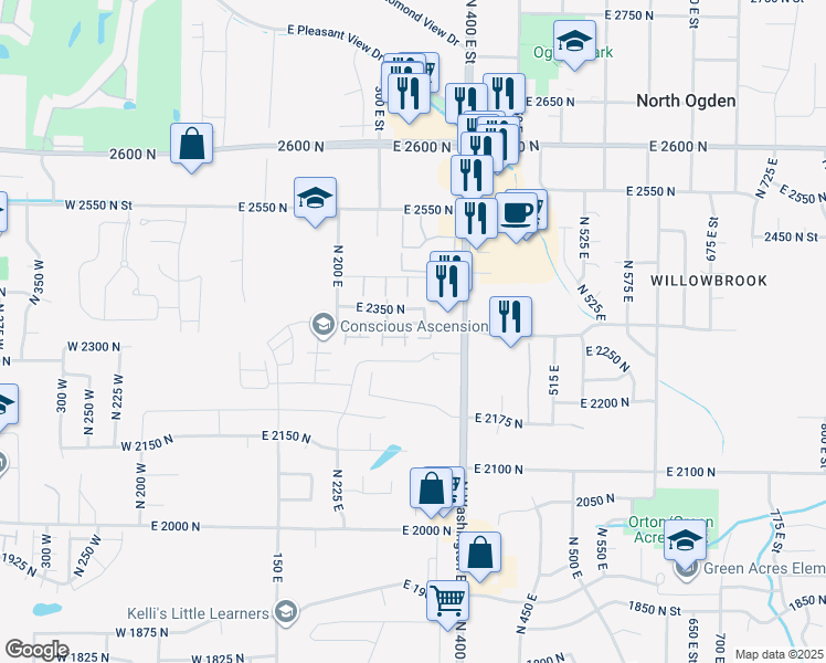 map of restaurants, bars, coffee shops, grocery stores, and more near 325 East 2300 North in Ogden