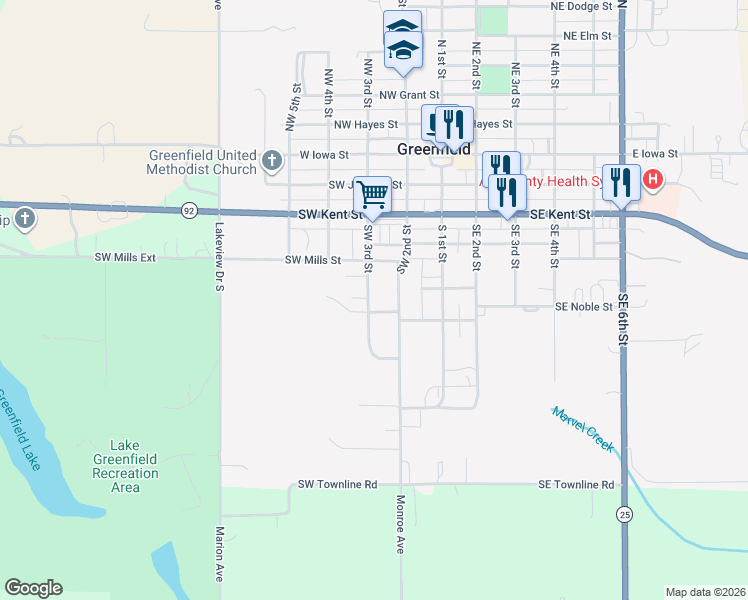 map of restaurants, bars, coffee shops, grocery stores, and more near 405 Southwest 3rd Street in Greenfield