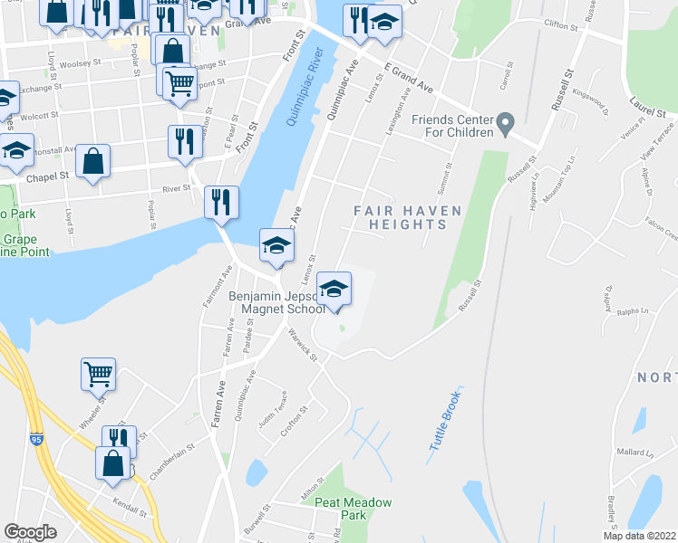 map of restaurants, bars, coffee shops, grocery stores, and more near 121 Lexington Avenue in New Haven