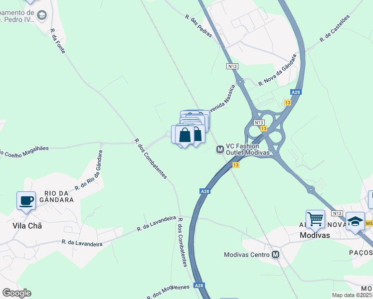 map of restaurants, bars, coffee shops, grocery stores, and more near in Modivas