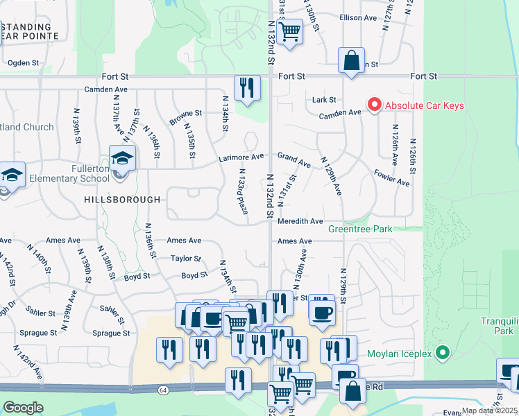 map of restaurants, bars, coffee shops, grocery stores, and more near 13208 Meredith Avenue in Omaha