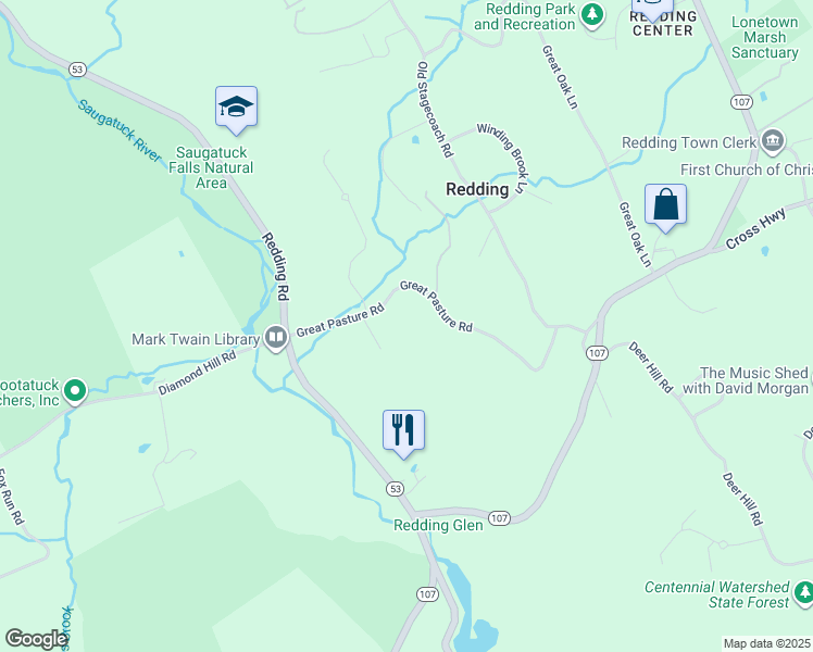map of restaurants, bars, coffee shops, grocery stores, and more near 20 Great Pasture Road in Redding