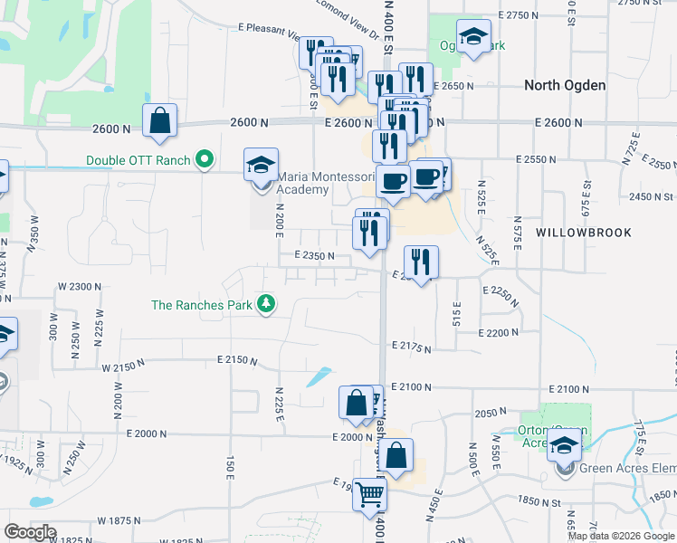 map of restaurants, bars, coffee shops, grocery stores, and more near 2329 North 350 East in Ogden