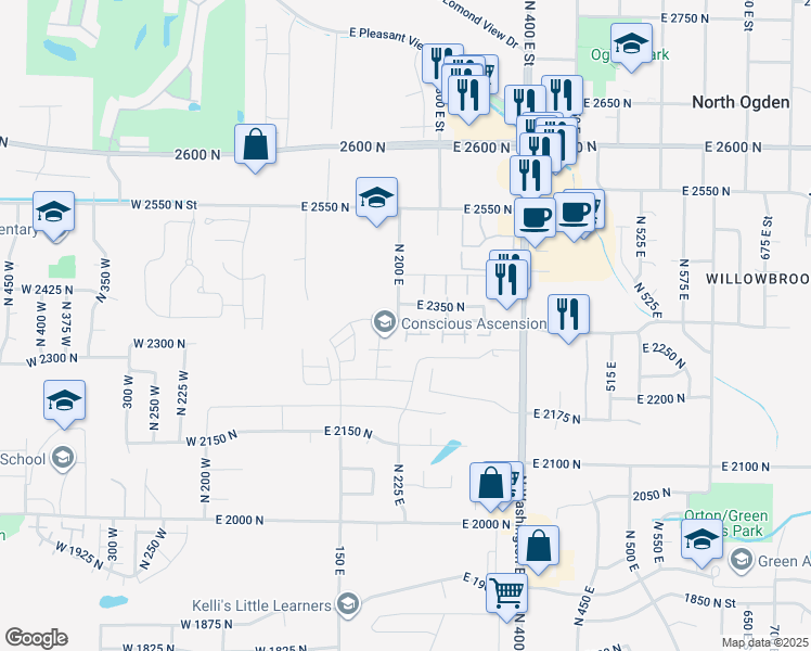 map of restaurants, bars, coffee shops, grocery stores, and more near 205 East 2350 North in North Ogden