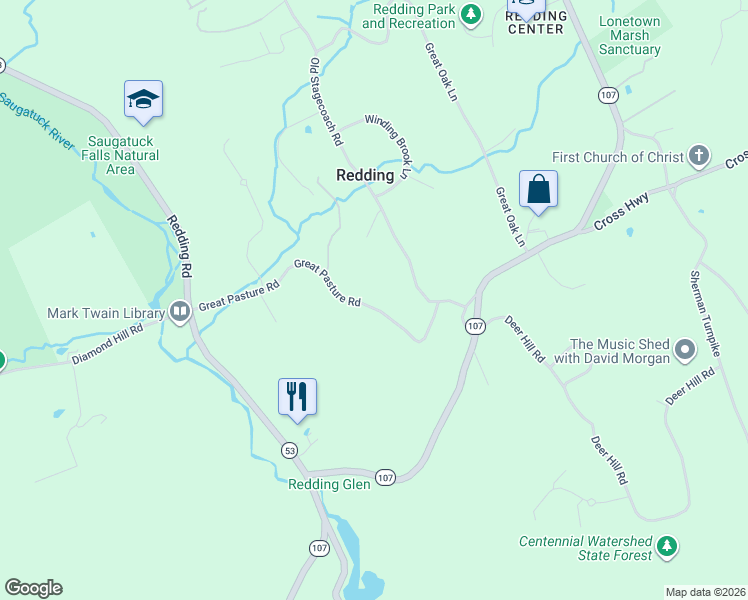 map of restaurants, bars, coffee shops, grocery stores, and more near 47 Great Pasture Road in Redding