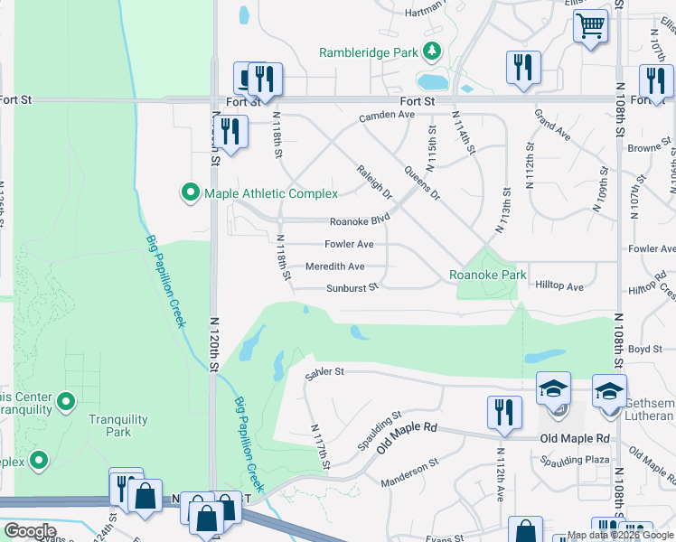 map of restaurants, bars, coffee shops, grocery stores, and more near 11698 Meredith Avenue in Omaha