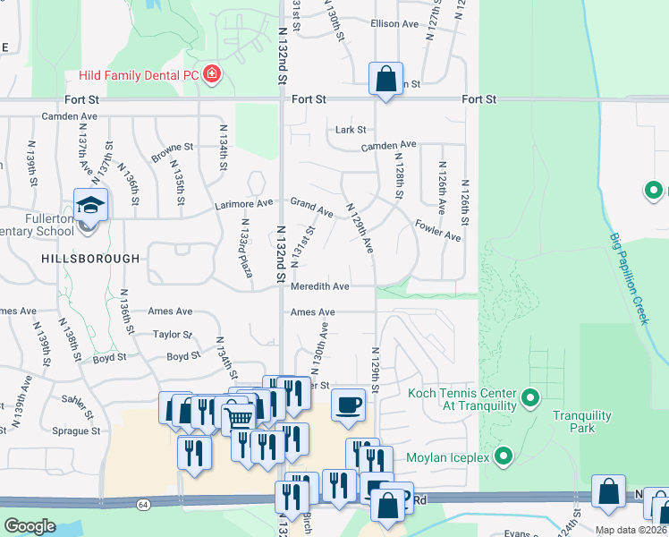 map of restaurants, bars, coffee shops, grocery stores, and more near 4632 North 130th Circle in Omaha
