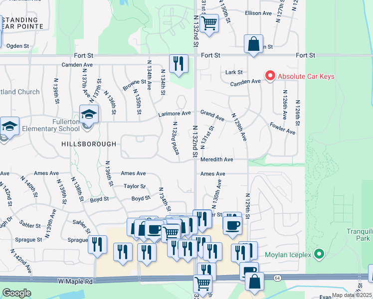 map of restaurants, bars, coffee shops, grocery stores, and more near 13208 Meredith Avenue in Omaha