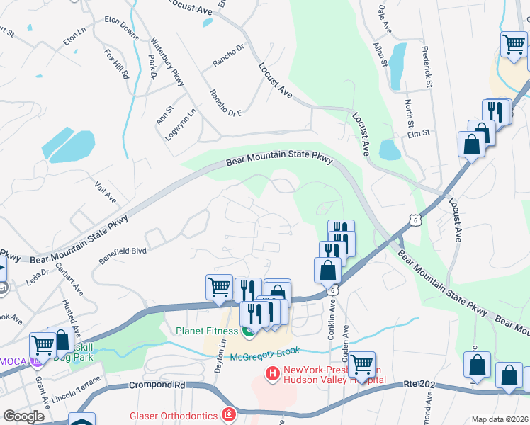 map of restaurants, bars, coffee shops, grocery stores, and more near 33 Huntington Circle in Peekskill