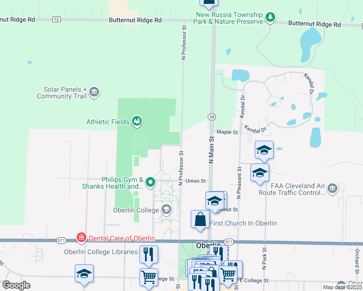 map of restaurants, bars, coffee shops, grocery stores, and more near North Professor Street in Oberlin