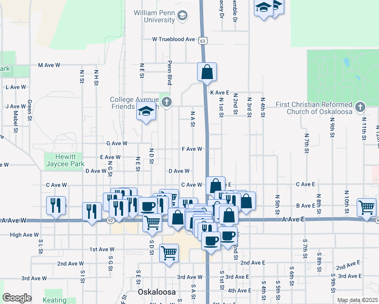map of restaurants, bars, coffee shops, grocery stores, and more near 200 F Avenue West in Oskaloosa