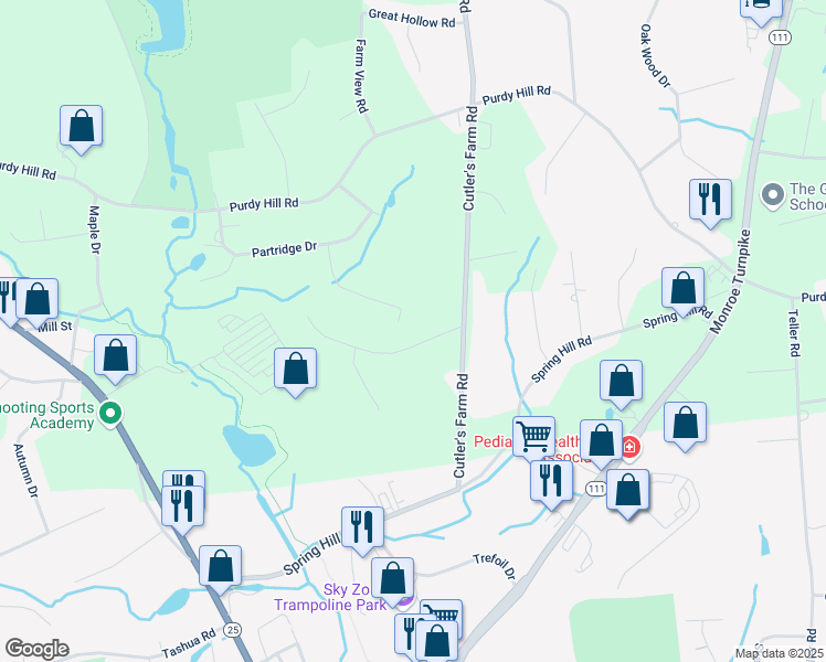 map of restaurants, bars, coffee shops, grocery stores, and more near 43 Country Ridge Drive in Monroe