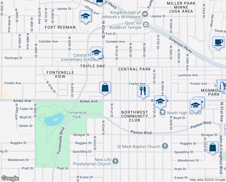 map of restaurants, bars, coffee shops, grocery stores, and more near 4525 North 41st Street in Omaha