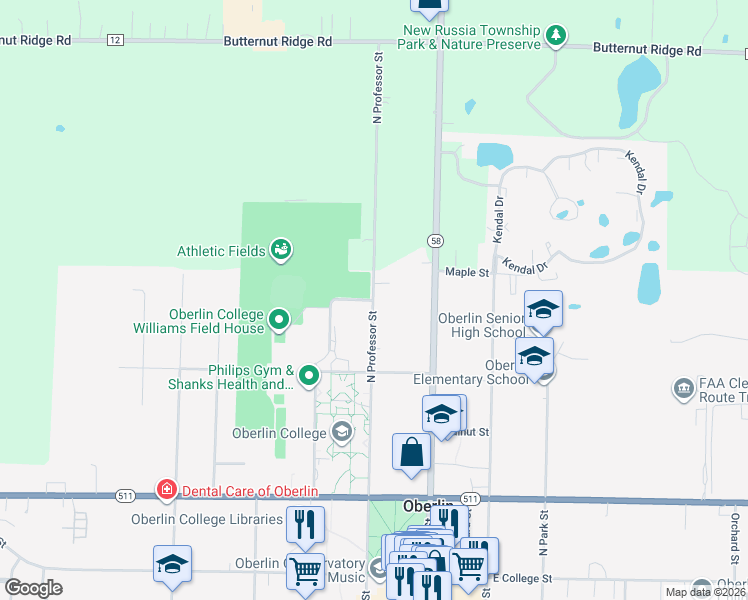 map of restaurants, bars, coffee shops, grocery stores, and more near North Professor Street in Oberlin
