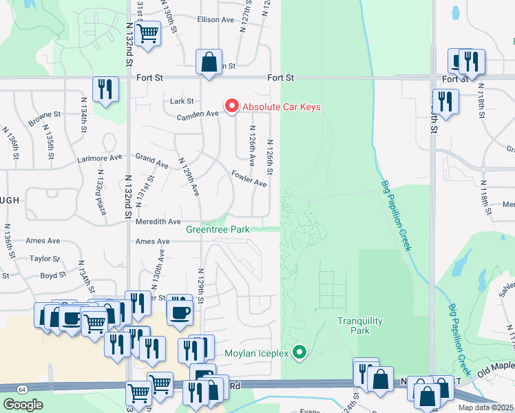 map of restaurants, bars, coffee shops, grocery stores, and more near 4630 North 126th Street in Omaha