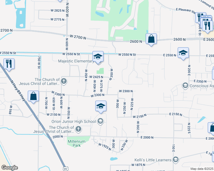 map of restaurants, bars, coffee shops, grocery stores, and more near 2418 North 350 West in Ogden