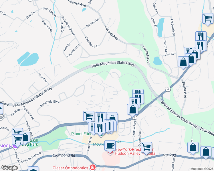 map of restaurants, bars, coffee shops, grocery stores, and more near 33 Huntington Circle in Peekskill