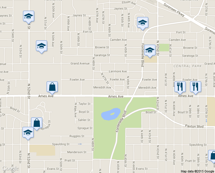 map of restaurants, bars, coffee shops, grocery stores, and more near 4614 North 47th Street in Omaha