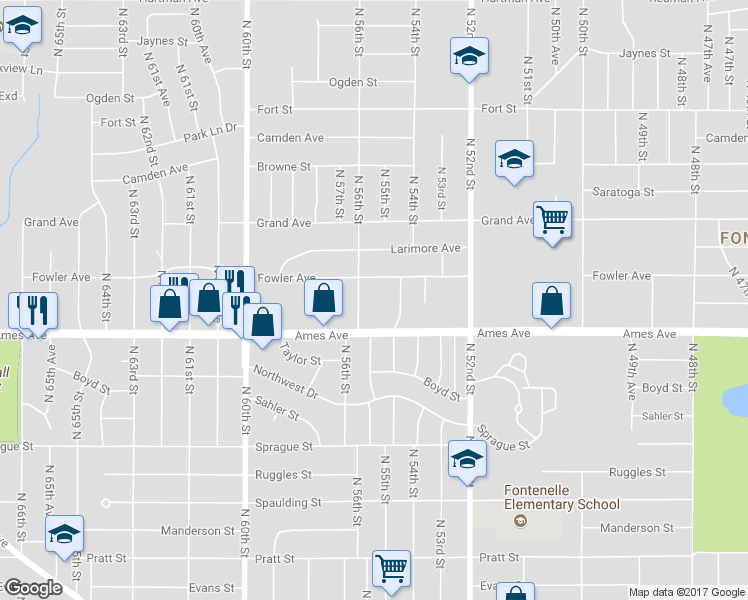 map of restaurants, bars, coffee shops, grocery stores, and more near 4618 North 55th Street in Omaha