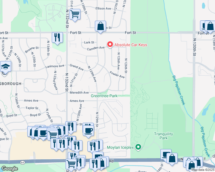map of restaurants, bars, coffee shops, grocery stores, and more near 12741 Fowler Circle in Omaha