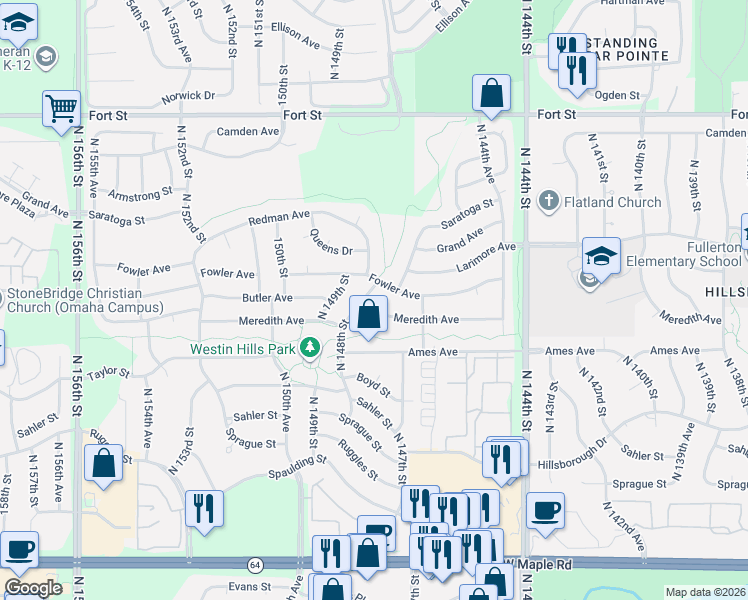 map of restaurants, bars, coffee shops, grocery stores, and more near 4626 North 148th Street in Omaha
