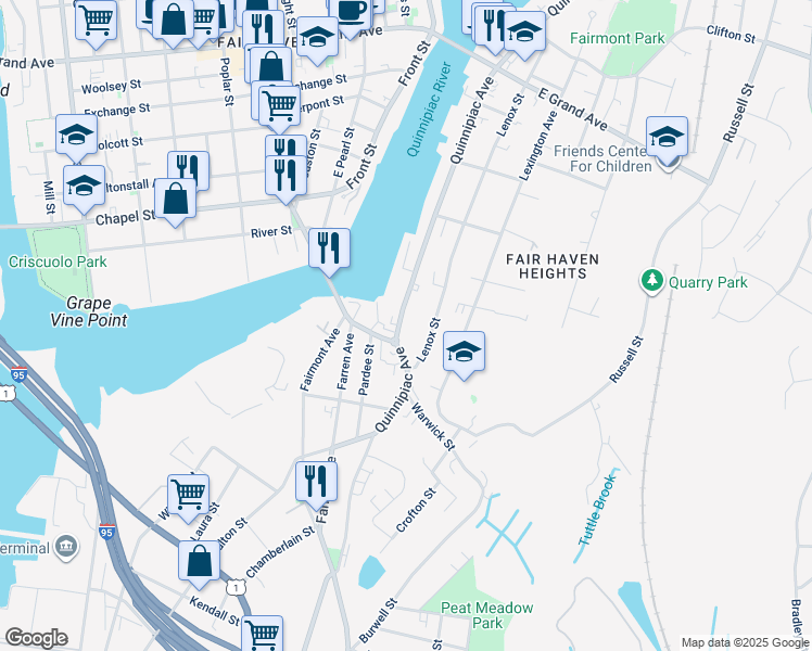 map of restaurants, bars, coffee shops, grocery stores, and more near 375 Quinnipiac Avenue in New Haven