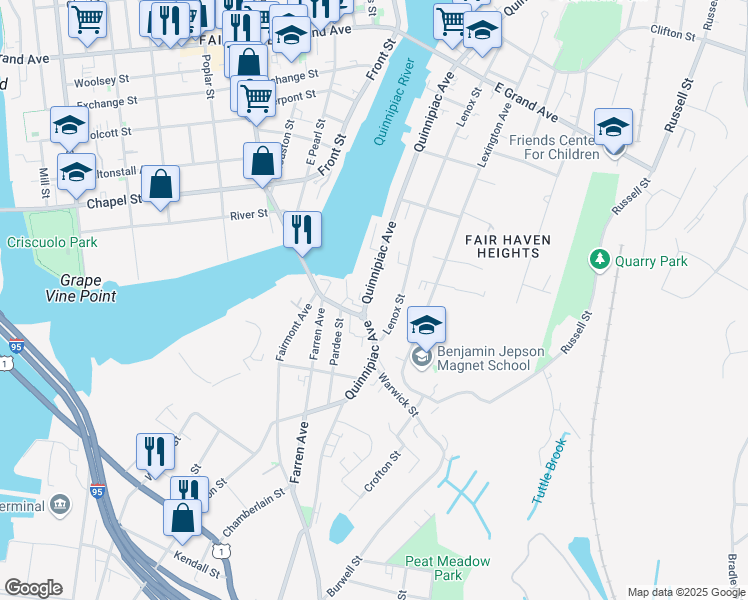 map of restaurants, bars, coffee shops, grocery stores, and more near 375 Quinnipiac Avenue in New Haven