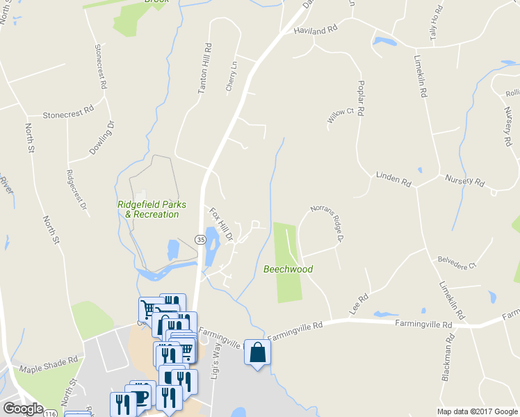 map of restaurants, bars, coffee shops, grocery stores, and more near 1 Forest Lane in Ridgefield