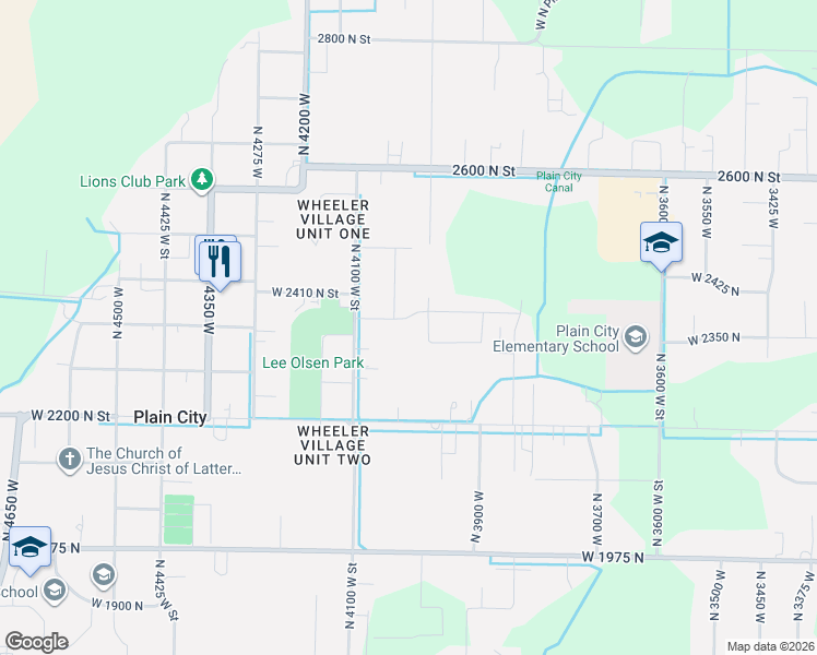 map of restaurants, bars, coffee shops, grocery stores, and more near 2408 4050 West in Plain City
