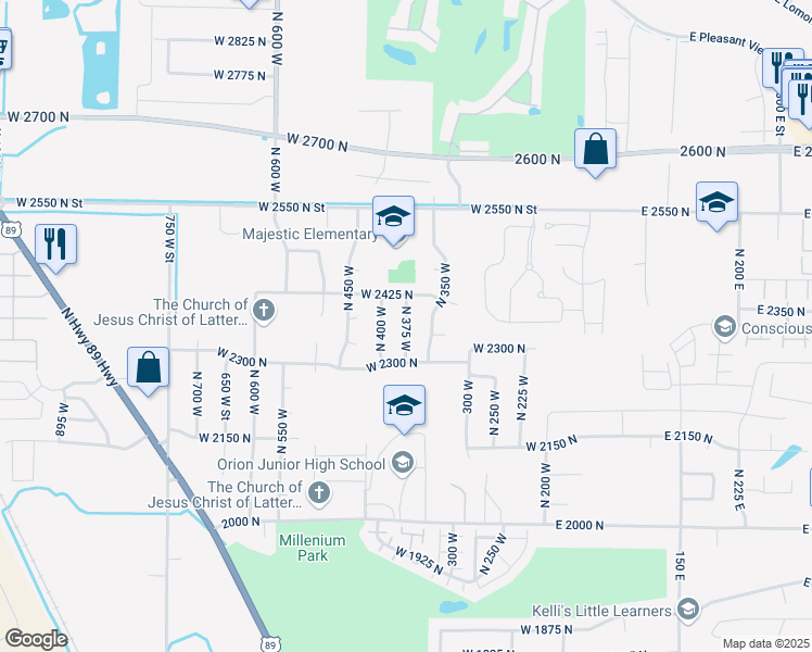 map of restaurants, bars, coffee shops, grocery stores, and more near 1147 North 375 West in Harrisville