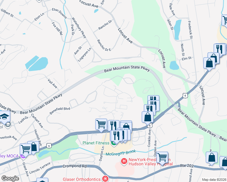 map of restaurants, bars, coffee shops, grocery stores, and more near 10 Edinburg Drive in Peekskill