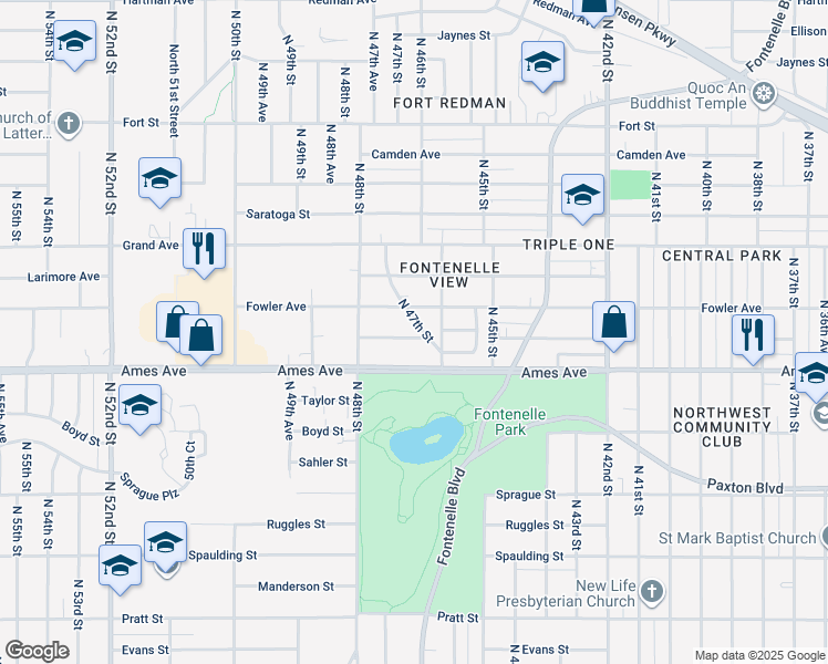 map of restaurants, bars, coffee shops, grocery stores, and more near 4614 North 47th Street in Omaha